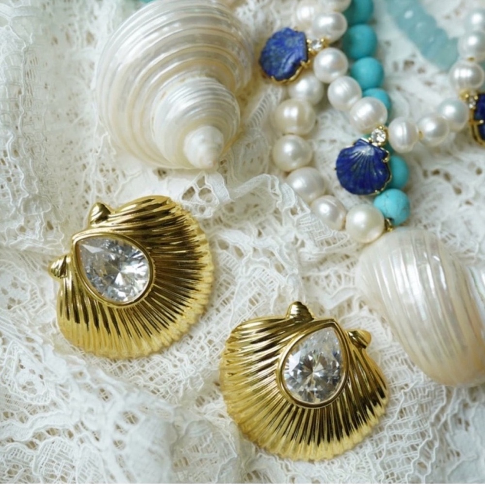 Nicola Bathie Gold and Crystal Shell Earrings - Picture 2 of 5